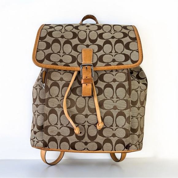 Coach Handbags - 2000s Coach Signature Brown Canvas Backpack with Leather Trim